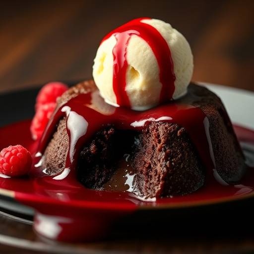 Molten Chocolate Lava Cake with Raspberry Coulis and Vanilla Bean Ice Cream